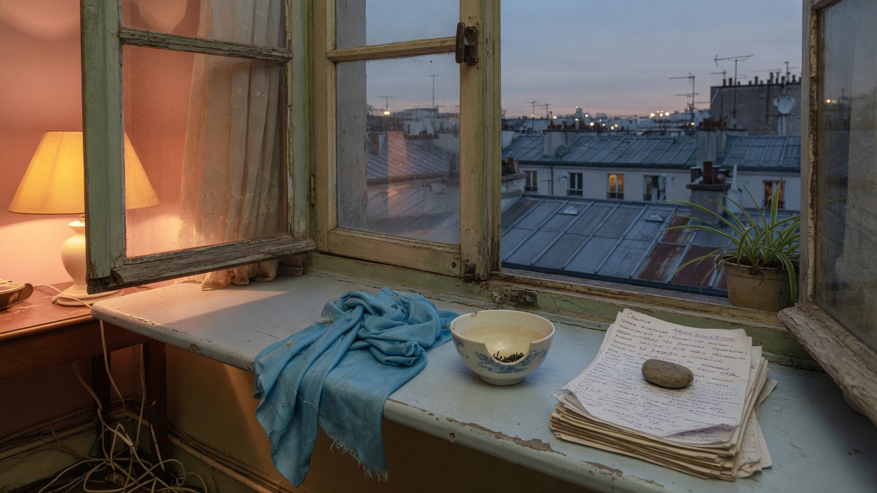Fenêtre parisienne au crépuscule, khadag bleu et papiers sur le rebord.